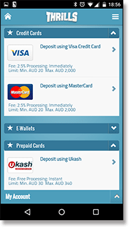 Thrills Casino - mobile deposit options